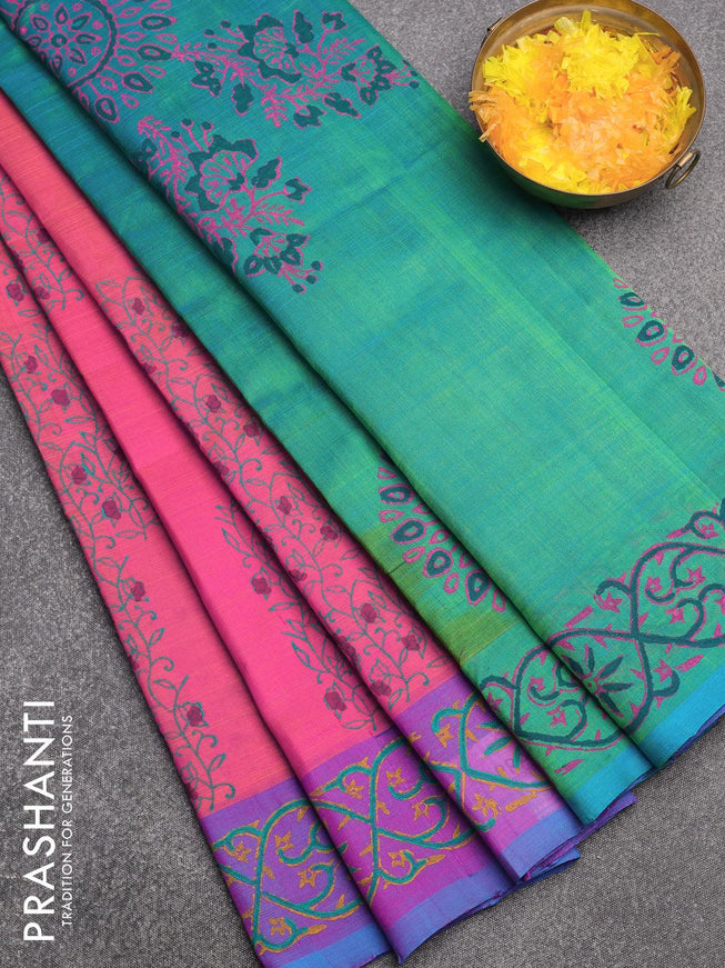 Silk cotton block printed saree dual shade of pink with allover prints and printed border - {{ collection.title }} by Prashanti Sarees