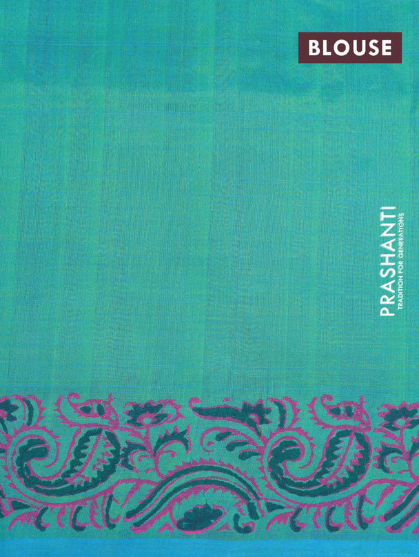 Silk cotton block printed saree dual shade of pinkish orange and dual shade of teal bluish green with allover prints and printed border - {{ collection.title }} by Prashanti Sarees