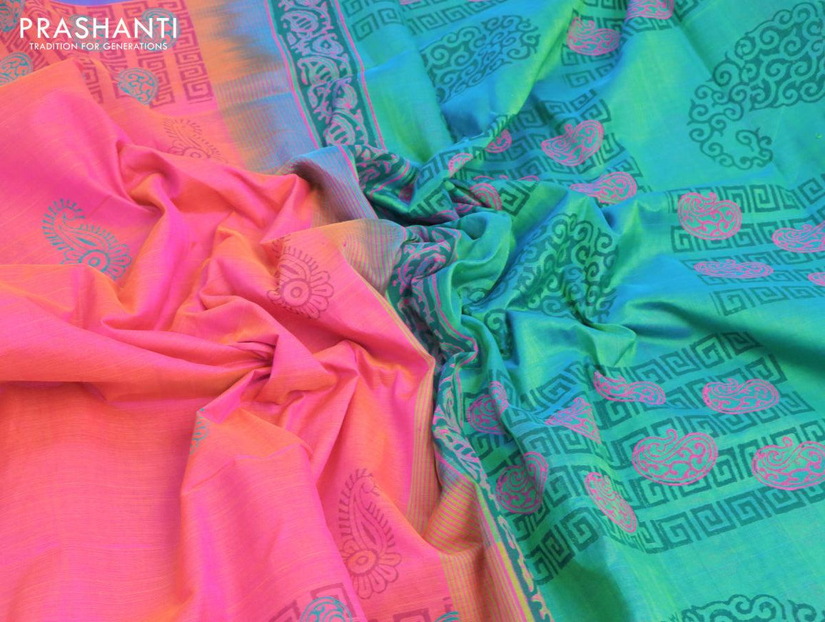 Silk cotton block printed saree dual shade of pinkish orange and dual shade of teal bluish green with butta prints and printed border - {{ collection.title }} by Prashanti Sarees
