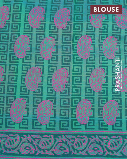 Silk cotton block printed saree dual shade of pinkish orange and dual shade of teal bluish green with butta prints and printed border - {{ collection.title }} by Prashanti Sarees