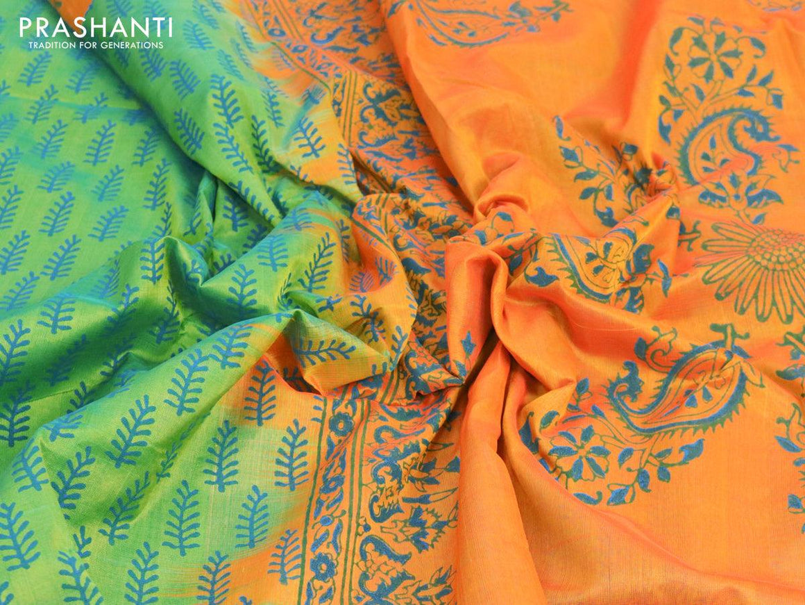 Silk cotton block printed saree green shade and orange with allover butta prints and printed border - {{ collection.title }} by Prashanti Sarees