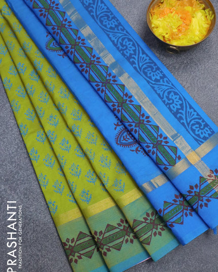 Silk cotton block printed saree light green and cs blue with allover butta prints and zari woven printed border - {{ collection.title }} by Prashanti Sarees