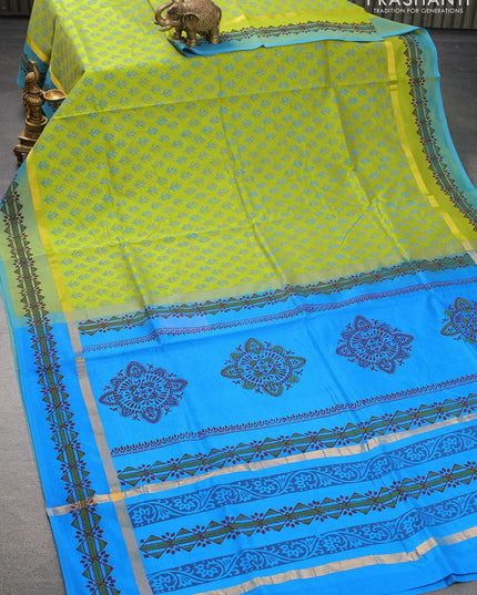 Silk cotton block printed saree light green and cs blue with allover butta prints and zari woven printed border - {{ collection.title }} by Prashanti Sarees