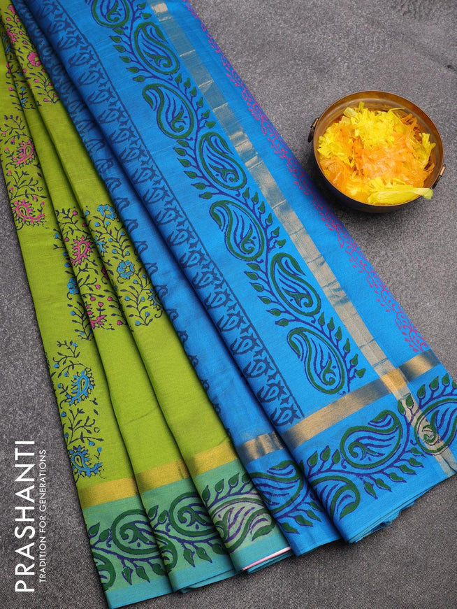 Silk cotton block printed saree light green and cs blue with allover prints and zari woven printed border - {{ collection.title }} by Prashanti Sarees