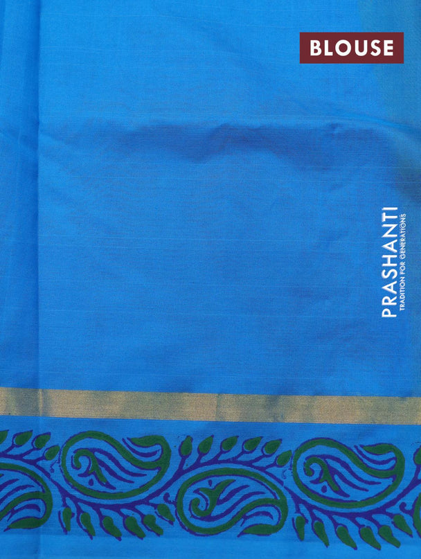 Silk cotton block printed saree light green and cs blue with allover prints and zari woven printed border - {{ collection.title }} by Prashanti Sarees