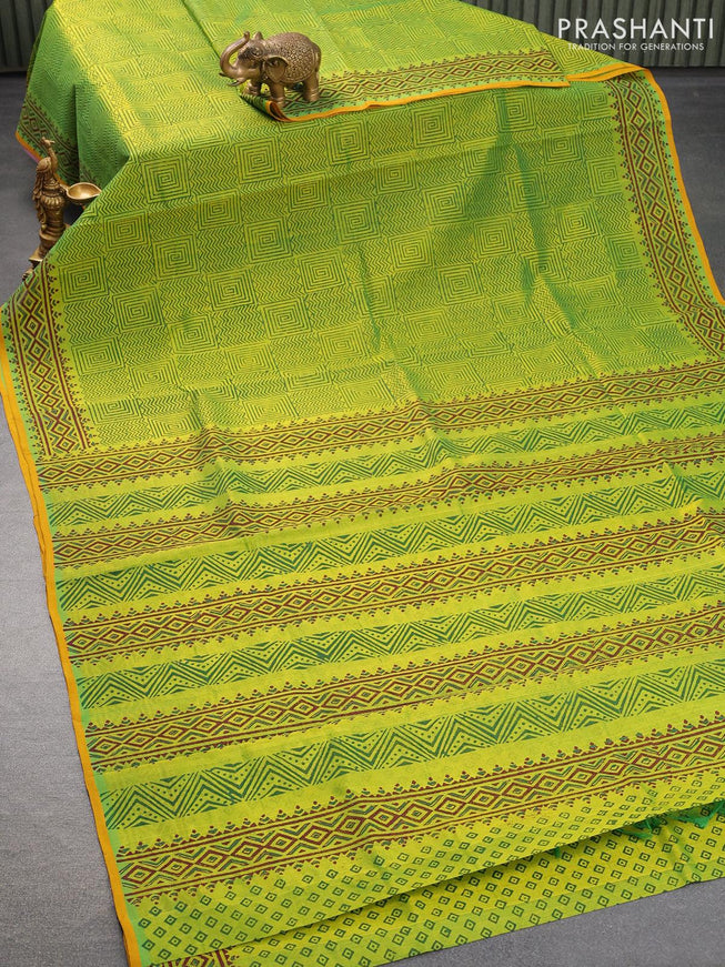 Silk cotton block printed saree light green and mustard yellow with allover geometric prints and printed border - {{ collection.title }} by Prashanti Sarees