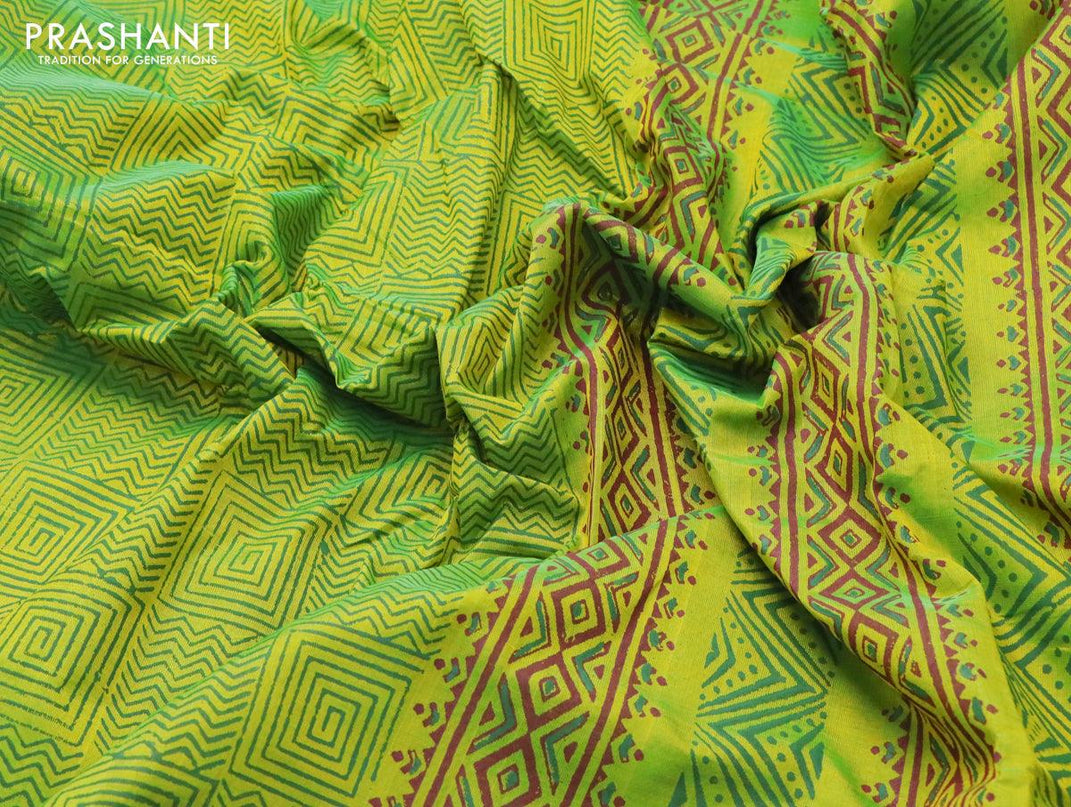 Silk cotton block printed saree light green and mustard yellow with allover geometric prints and printed border - {{ collection.title }} by Prashanti Sarees