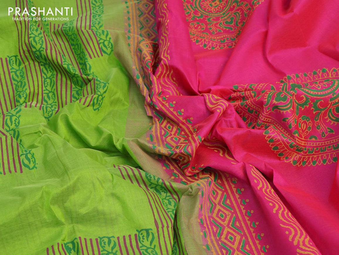 Silk cotton block printed saree light green and pink with allover prints and zari woven piping border - {{ collection.title }} by Prashanti Sarees