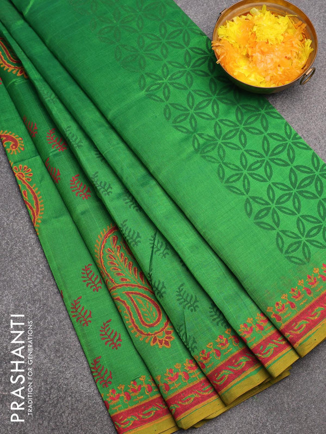 Silk cotton block printed saree light green with allover butta prints and printed border - {{ collection.title }} by Prashanti Sarees