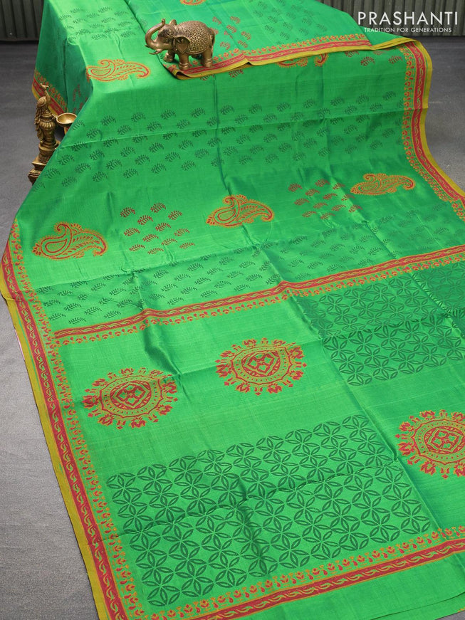 Silk cotton block printed saree light green with allover butta prints and printed border - {{ collection.title }} by Prashanti Sarees