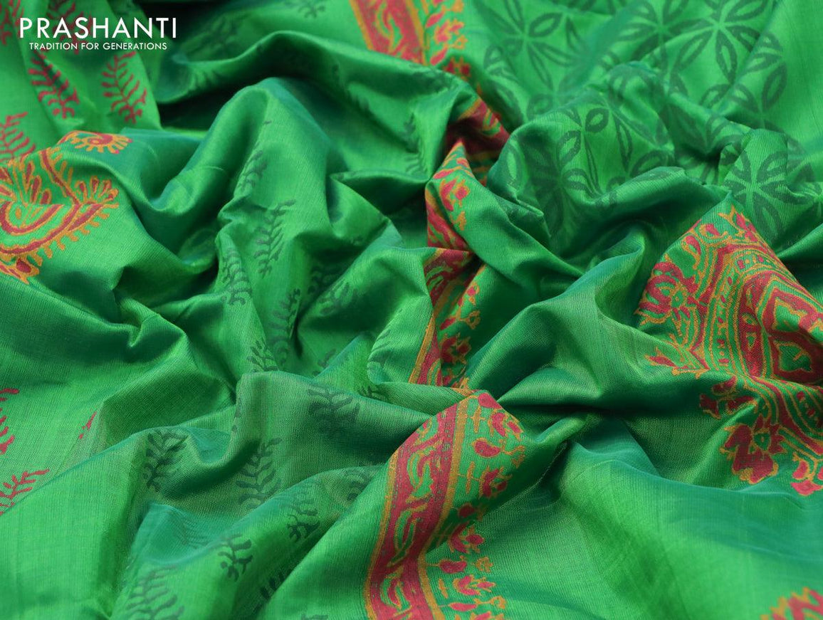 Silk cotton block printed saree light green with allover butta prints and printed border - {{ collection.title }} by Prashanti Sarees