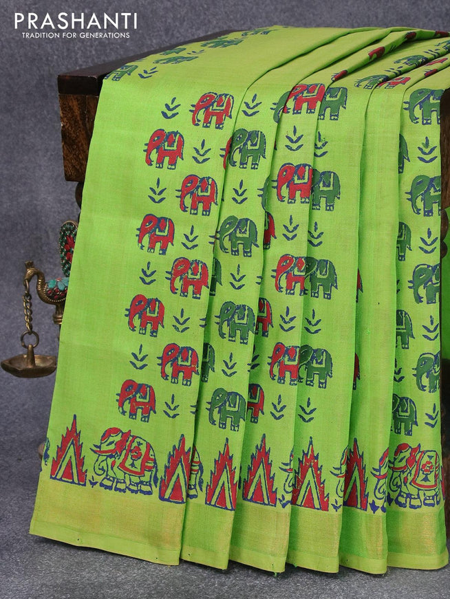 Silk cotton block printed saree light green with elephant butta prints and zari woven border - {{ collection.title }} by Prashanti Sarees