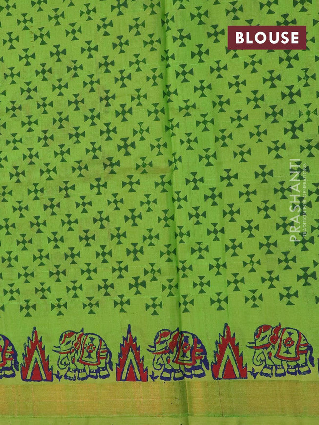 Silk cotton block printed saree light green with elephant butta prints and zari woven border - {{ collection.title }} by Prashanti Sarees