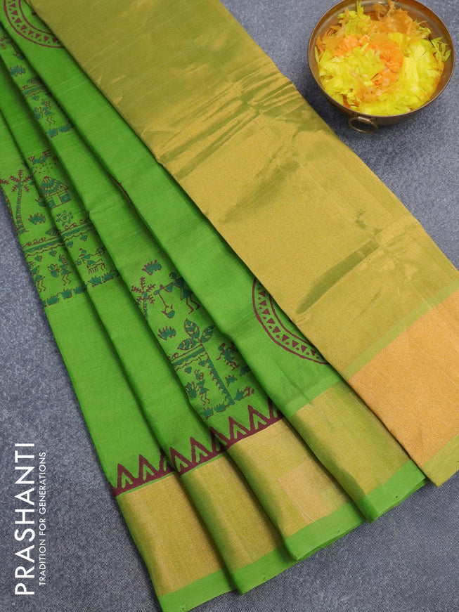 Silk cotton block printed saree light green with warli butta prints and zari woven border - {{ collection.title }} by Prashanti Sarees