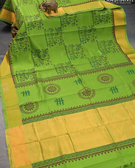 Silk cotton block printed saree light green with warli butta prints and zari woven border - {{ collection.title }} by Prashanti Sarees