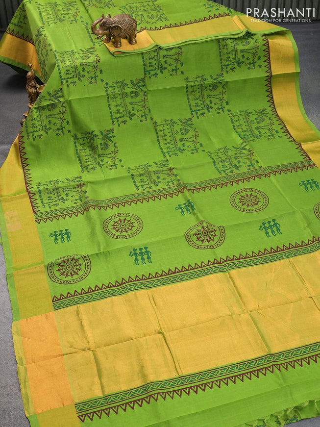 Silk cotton block printed saree light green with warli butta prints and zari woven border - {{ collection.title }} by Prashanti Sarees