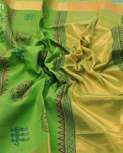 Silk cotton block printed saree light green with warli butta prints and zari woven border - {{ collection.title }} by Prashanti Sarees