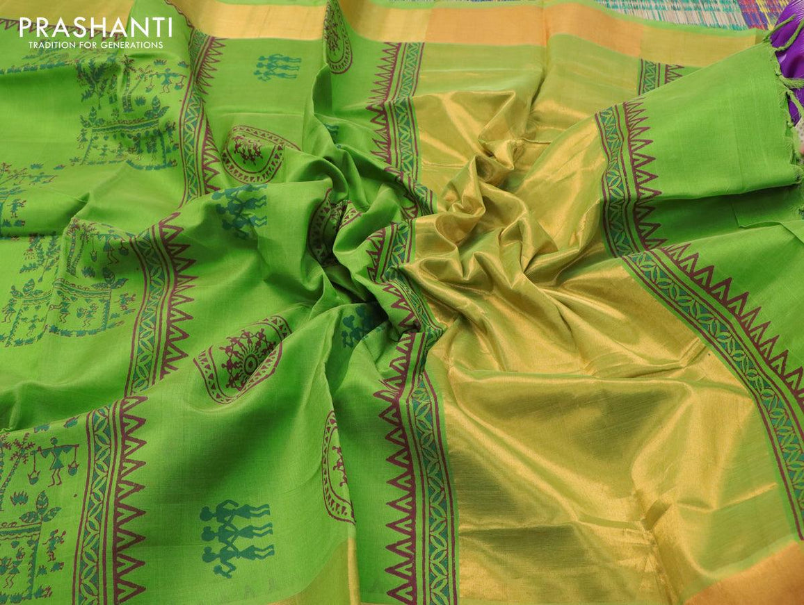 Silk cotton block printed saree light green with warli butta prints and zari woven border - {{ collection.title }} by Prashanti Sarees