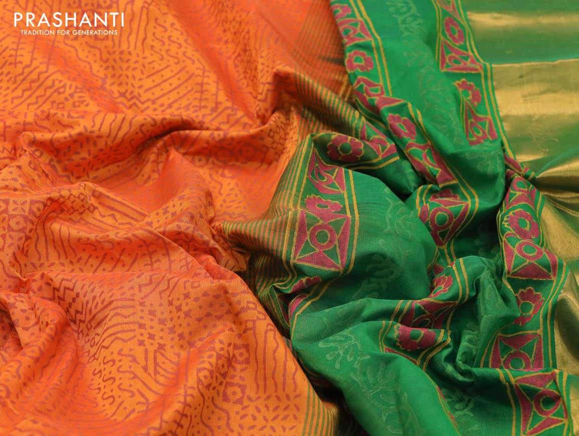Silk cotton block printed saree orange and green with allover geometric prints and zari woven border - {{ collection.title }} by Prashanti Sarees