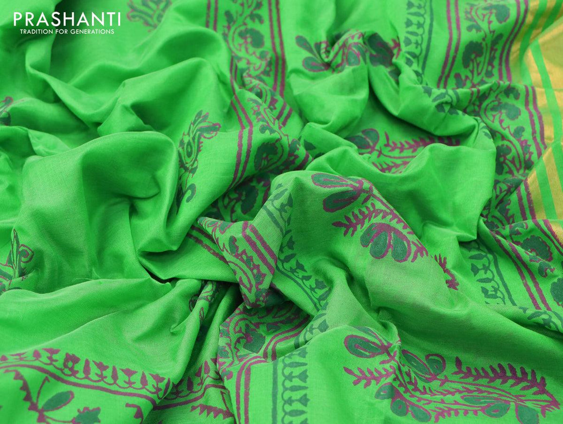 Silk cotton block printed saree parrot green with allover prints and zari woven border - {{ collection.title }} by Prashanti Sarees