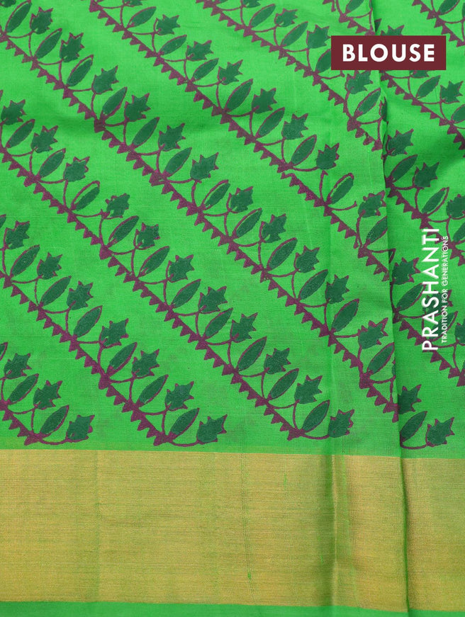 Silk cotton block printed saree parrot green with allover prints and zari woven border - {{ collection.title }} by Prashanti Sarees
