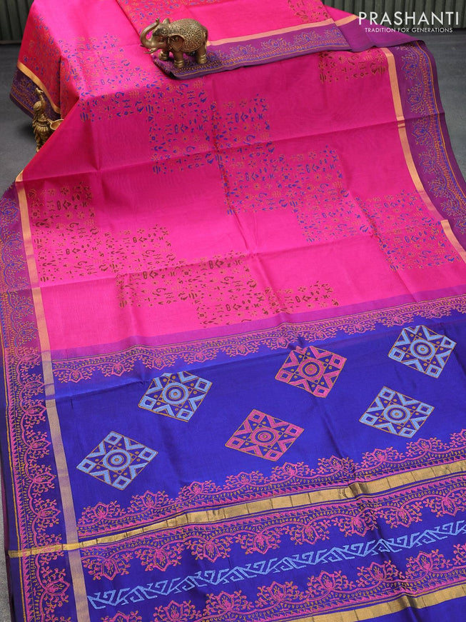 Silk cotton block printed saree pink and blue with allover prints and zari woven printed border - {{ collection.title }} by Prashanti Sarees