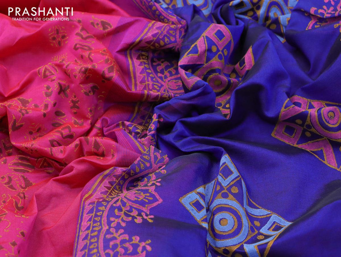 Silk cotton block printed saree pink and blue with allover prints and zari woven printed border - {{ collection.title }} by Prashanti Sarees