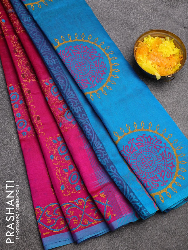 Silk cotton block printed saree pink and light blue with allover prints and piping border - {{ collection.title }} by Prashanti Sarees