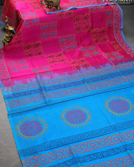 Silk cotton block printed saree pink and light blue with allover prints and piping border - {{ collection.title }} by Prashanti Sarees