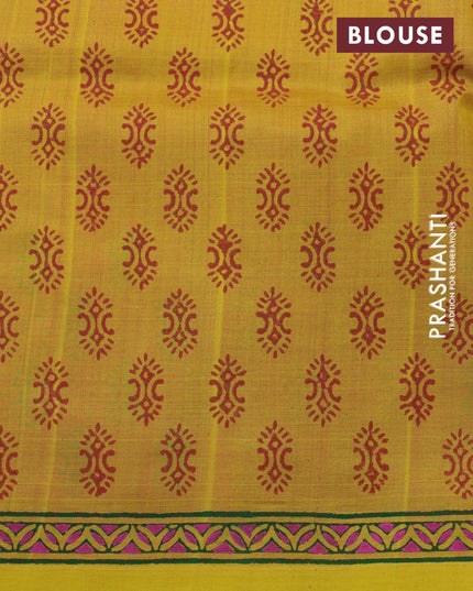 Silk cotton block printed saree pink and lime yellow with allover butta prints and printed border - {{ collection.title }} by Prashanti Sarees