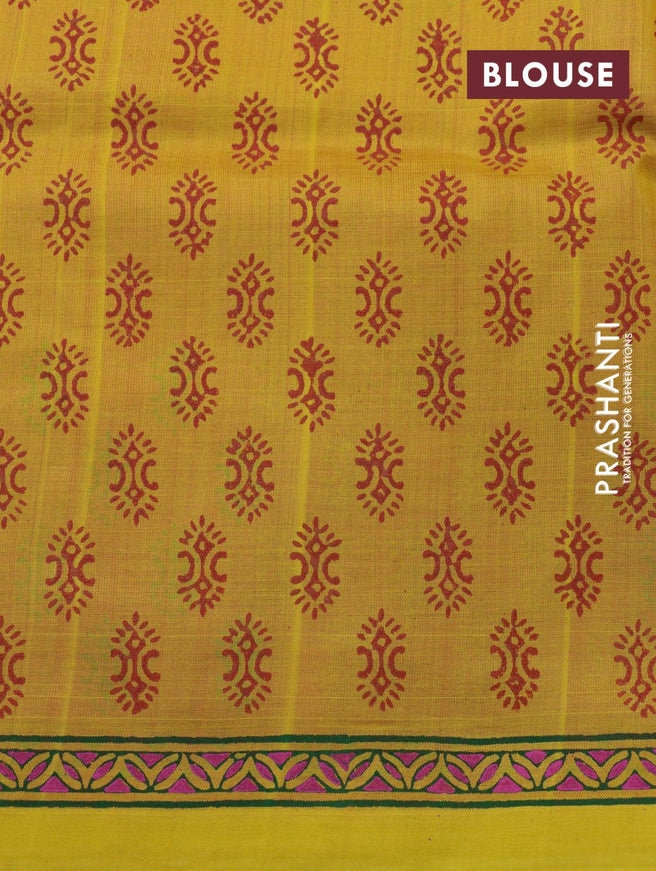 Silk cotton block printed saree pink and lime yellow with allover butta prints and printed border - {{ collection.title }} by Prashanti Sarees