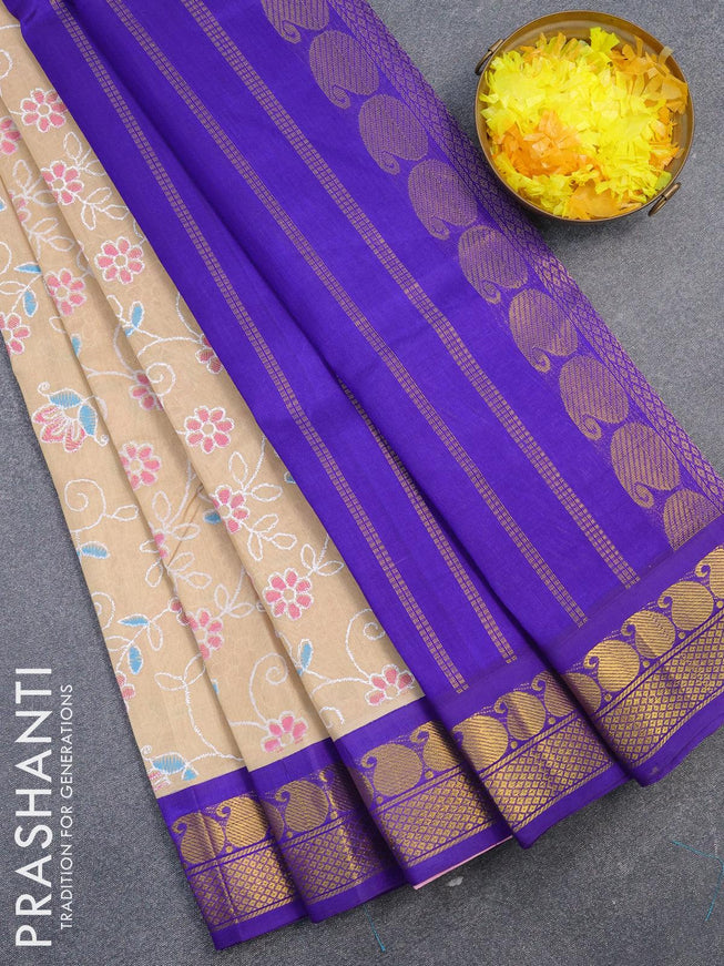 Silk cotton saree beige and blue with allover prints and paisley zari woven border - {{ collection.title }} by Prashanti Sarees
