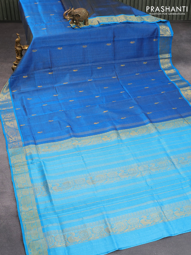 Silk cotton saree blue and cs blue with allover vairaosi pattern & paisley zari woven buttas and annam zari woven border - {{ collection.title }} by Prashanti Sarees