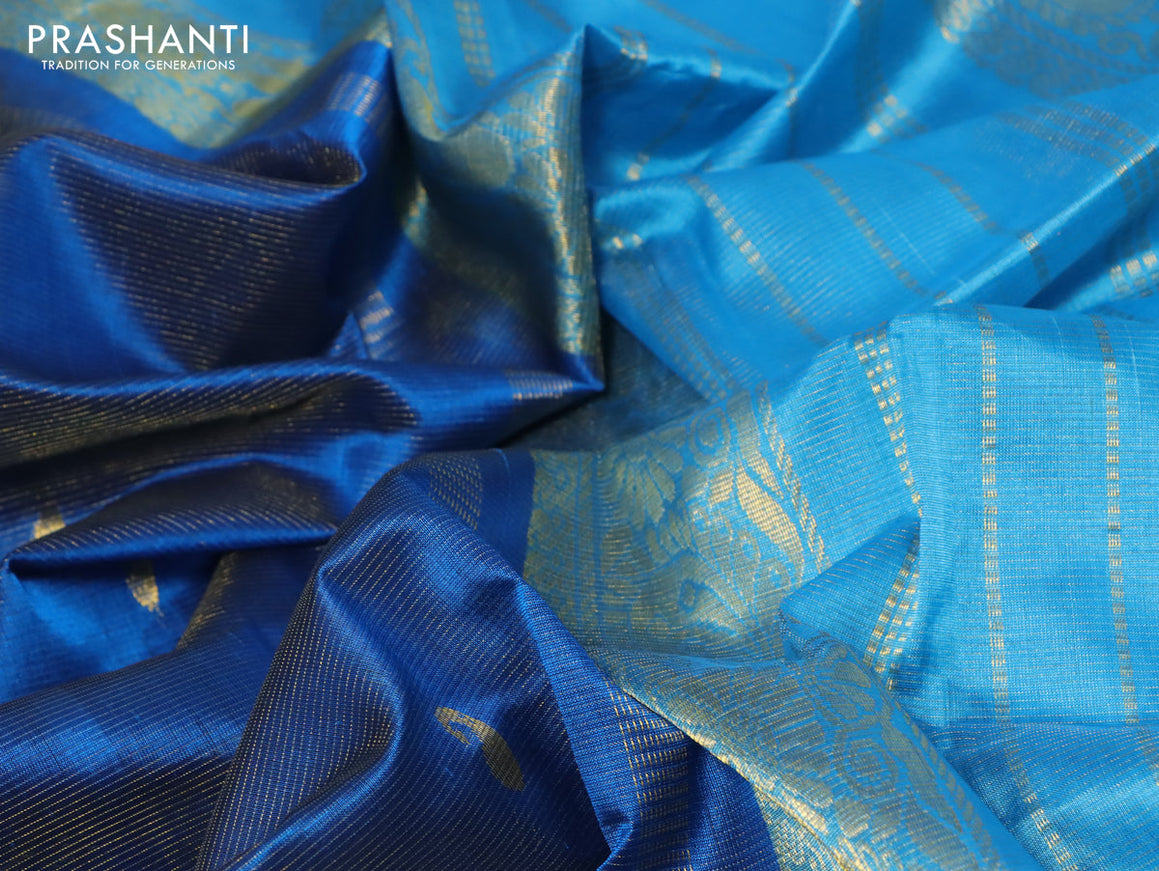 Silk cotton saree blue and cs blue with allover vairaosi pattern & paisley zari woven buttas and annam zari woven border - {{ collection.title }} by Prashanti Sarees