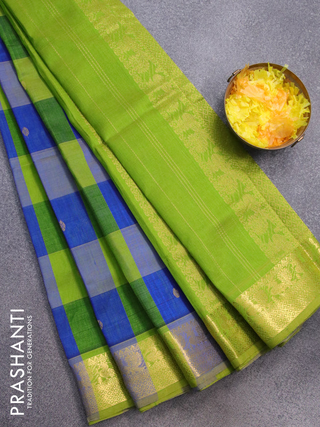 Silk cotton saree blue and green with paalum pazhamum checked pattern & zari buttas and annam zari woven border - {{ collection.title }} by Prashanti Sarees