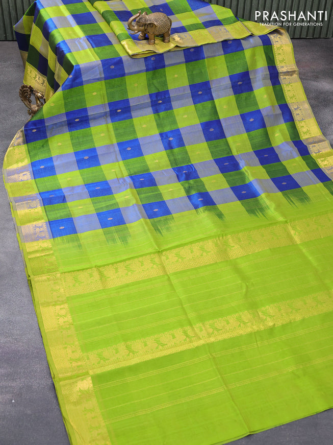 Silk cotton saree blue and green with paalum pazhamum checked pattern & zari buttas and annam zari woven border - {{ collection.title }} by Prashanti Sarees