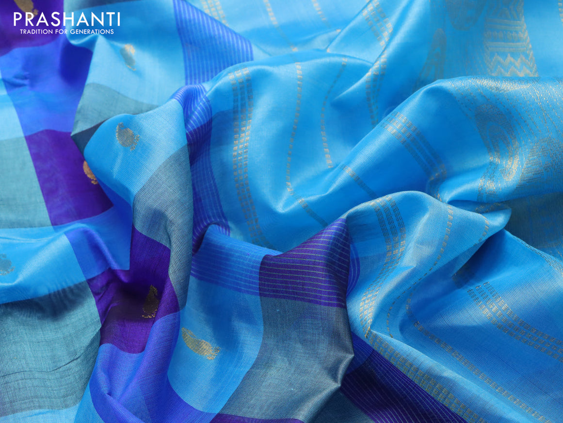 Silk cotton saree blue and light blue with paalum pazhamum checked pattern & zari buttas and paisley zari woven border - {{ collection.title }} by Prashanti Sarees