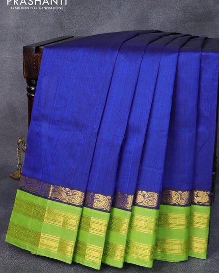 Silk cotton saree blue and light green with plain body and long zari woven kovai border - {{ collection.title }} by Prashanti Sarees