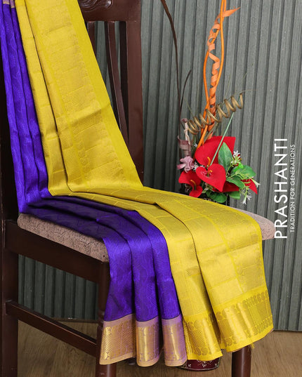Silk cotton saree blue and lime yellow with allover self emboss jacquard and zari woven border - {{ collection.title }} by Prashanti Sarees
