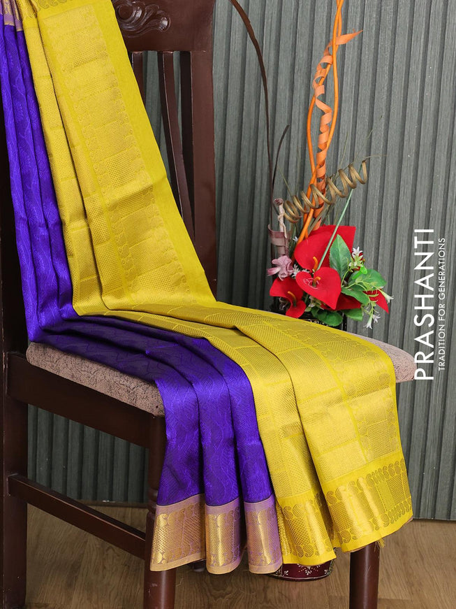 Silk cotton saree blue and lime yellow with allover self emboss jacquard and zari woven border - {{ collection.title }} by Prashanti Sarees