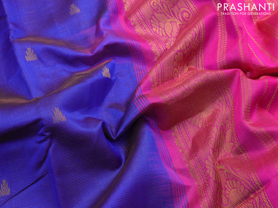 Silk cotton saree blue and magenta pink with allover vairaosi pattern & temple zari woven buttas and paisley zari woven border - {{ collection.title }} by Prashanti Sarees