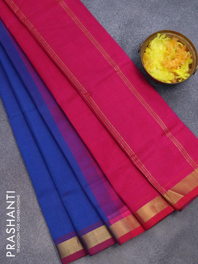 Silk cotton saree blue and magenta pink with plain body and zari woven border - {{ collection.title }} by Prashanti Sarees