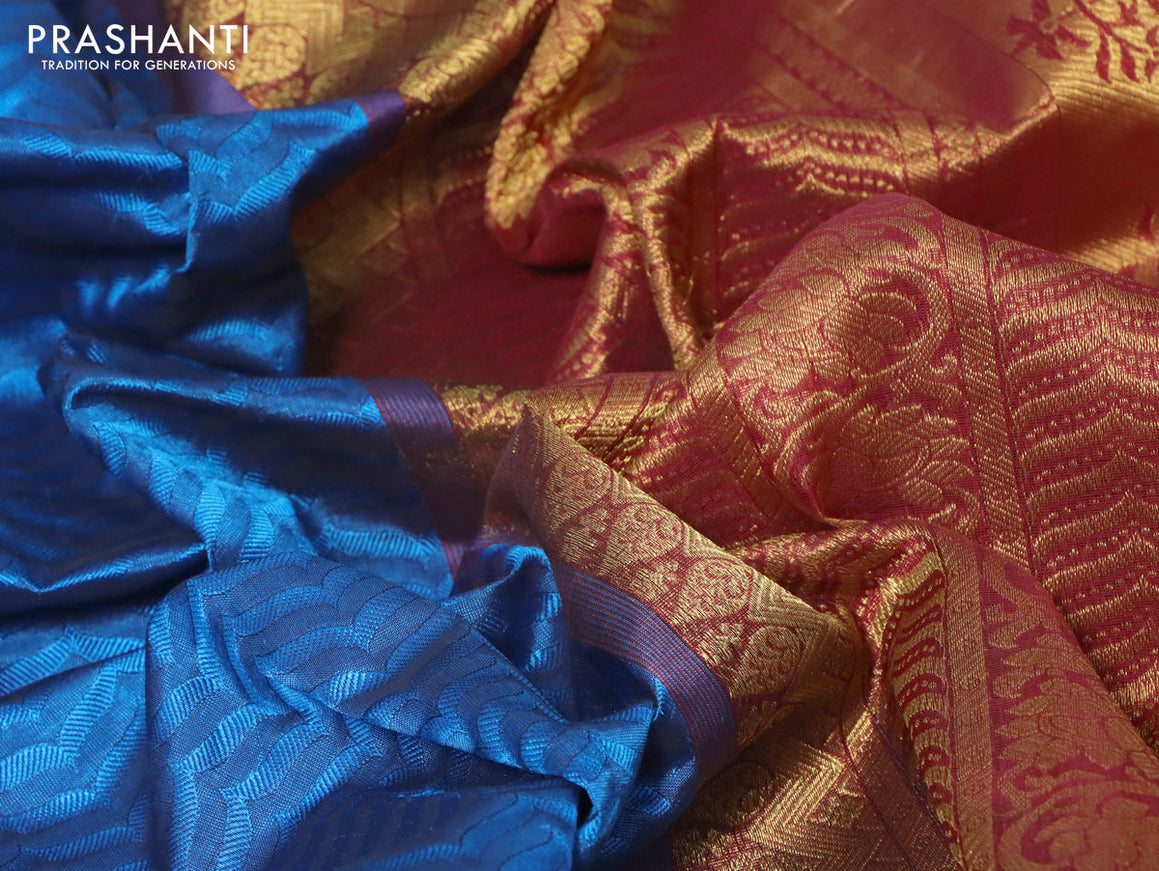 Silk cotton saree blue and maroon with allover self emboss jacquard and floral & paisley zari woven border - {{ collection.title }} by Prashanti Sarees