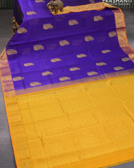 Silk cotton saree blue and mustard yellow with paisley zari woven buttas and floral & elephnat design zari woven border - {{ collection.title }} by Prashanti Sarees