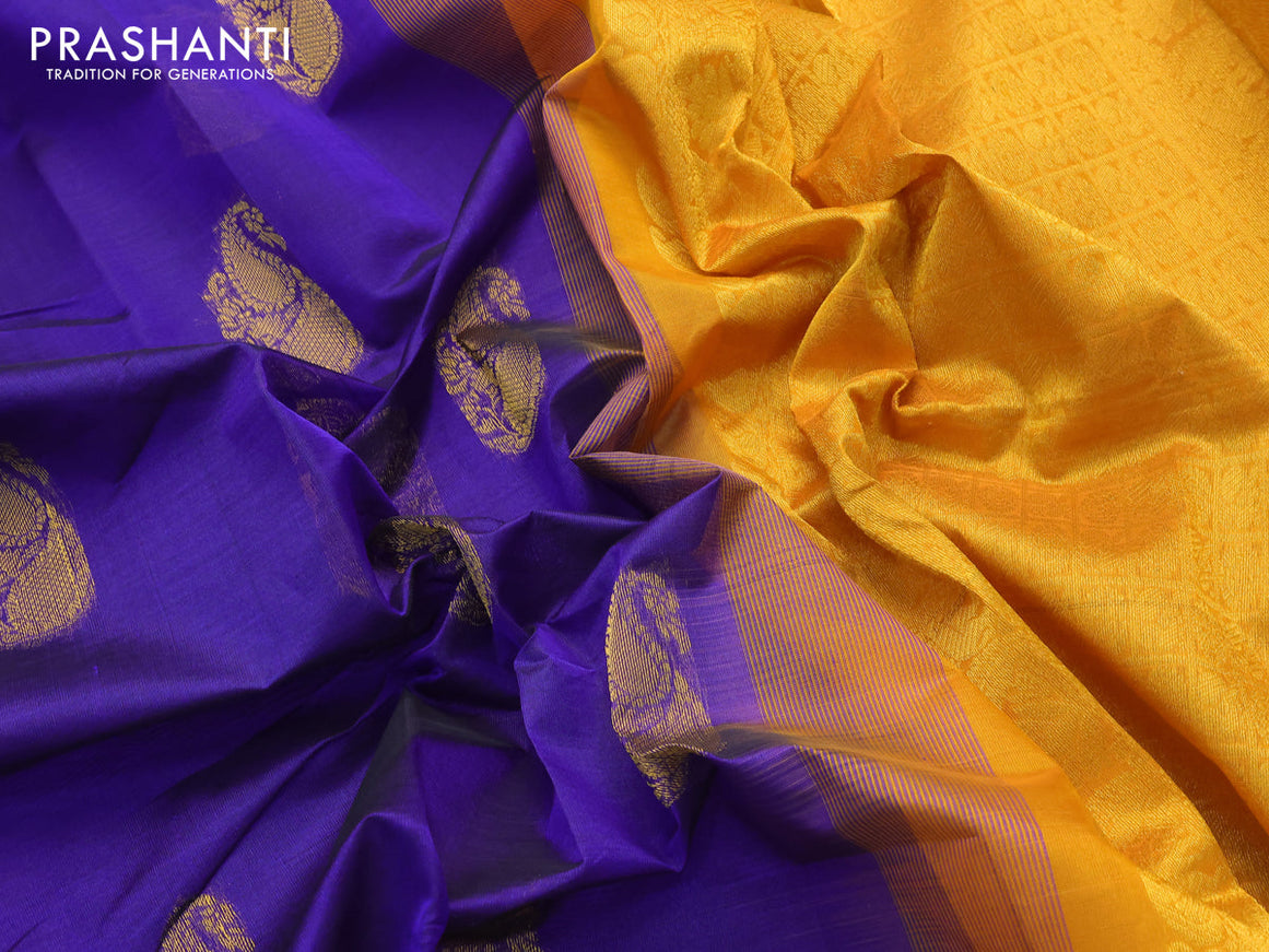 Silk cotton saree blue and mustard yellow with paisley zari woven buttas and floral & elephnat design zari woven border - {{ collection.title }} by Prashanti Sarees