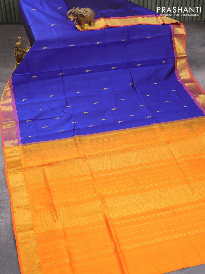 Silk cotton saree blue and orange with paisley zari woven buttas and zari woven border - {{ collection.title }} by Prashanti Sarees