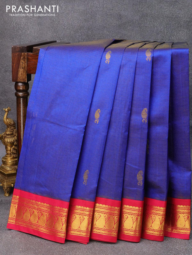 Silk cotton saree blue and pink with allover vairosi pattern & zari buttas and paisley zari woven korvai border - {{ collection.title }} by Prashanti Sarees