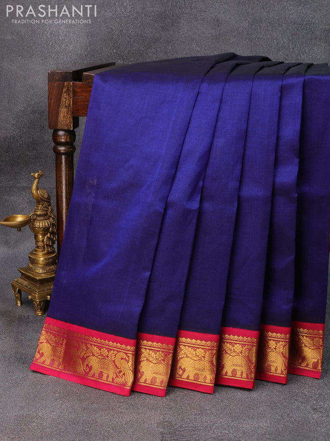 Silk cotton saree blue and pink with plain body and elephant & peacock zari woven border - {{ collection.title }} by Prashanti Sarees