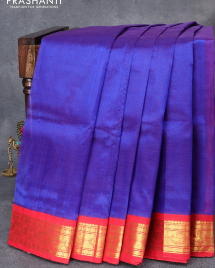 Silk cotton saree blue and red with plain body and zari woven korvai border - {{ collection.title }} by Prashanti Sarees