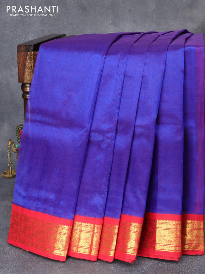 Silk cotton saree blue and red with plain body and zari woven korvai border - {{ collection.title }} by Prashanti Sarees